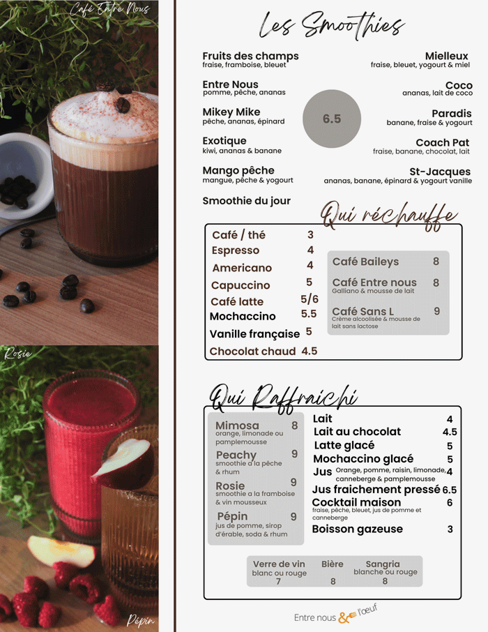 Les breuvages – Smoothies – Café – Lait – Jus
